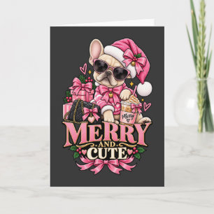 Cartão Cachorro Bulldog Francês Fofo e Alegre Natal Rosa