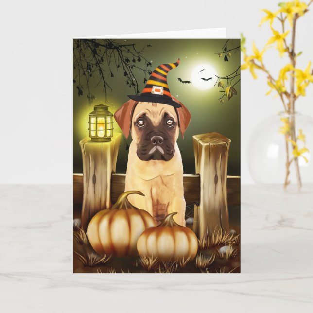 Cartão Cachorro Bullmastiff com Bruxo Halloween (Flor Amarela)