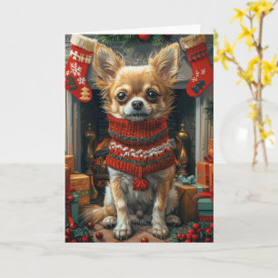 Cartão Cachorro Chihuahua com Presentes de Natal Lareira