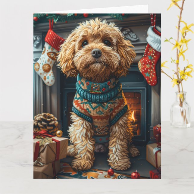 Cartão Cachorro Cockapoo Com Presentes de Natal na Lareir (Flor Amarela)