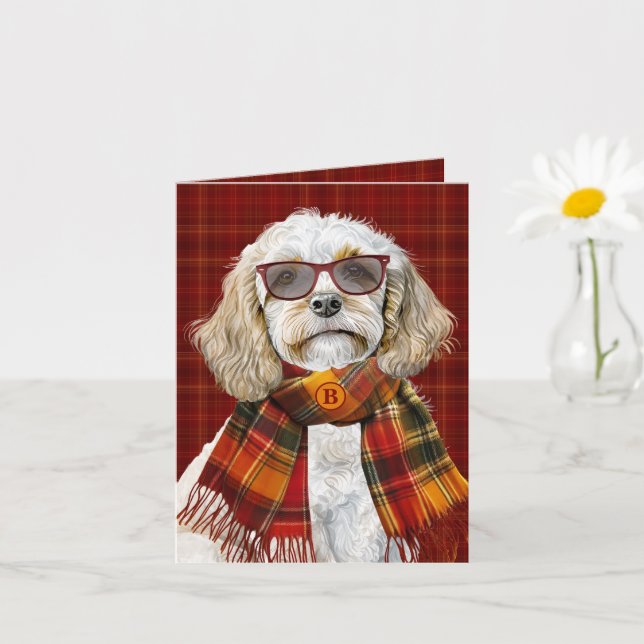 Cartão Cachorro Cockapoo de Champanhe com Xadrez Monogram (Planta pequena)