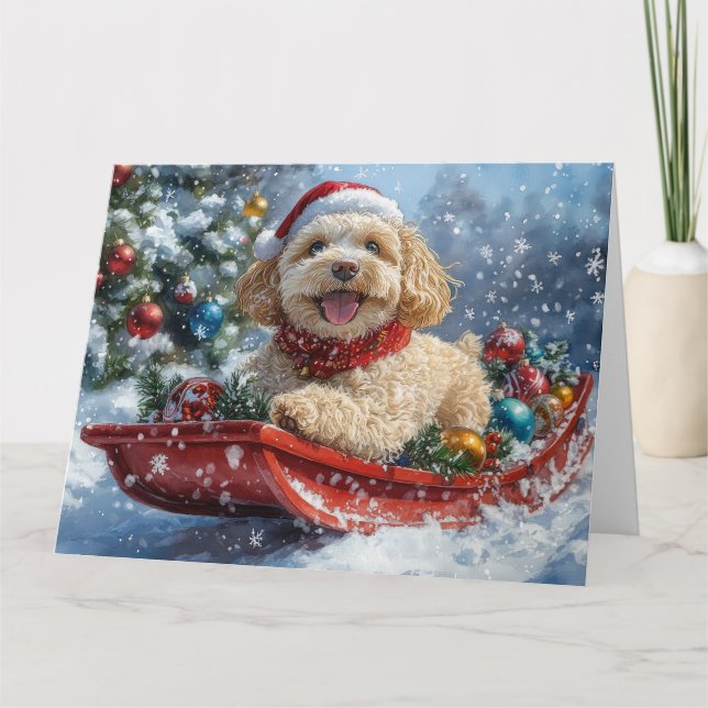 Cartão Cachorro Cockapoo no Trenó Deixe Nevar Natal (Frente)