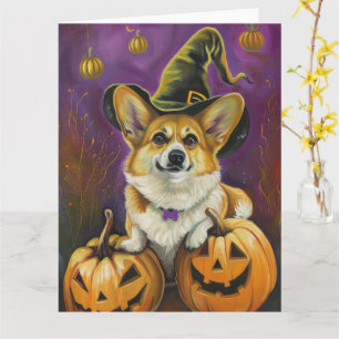 Cartão Cachorro Corgi Assustador Bruxas de Halloween Abób