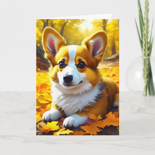 Cartão Cachorro Corgi Brincando em Folhas de Queda (Frente)
