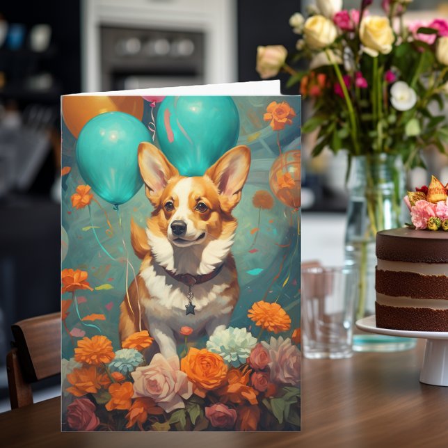 Cartão Cachorro Corgi com Balões - Aniversário (Criador carregado)