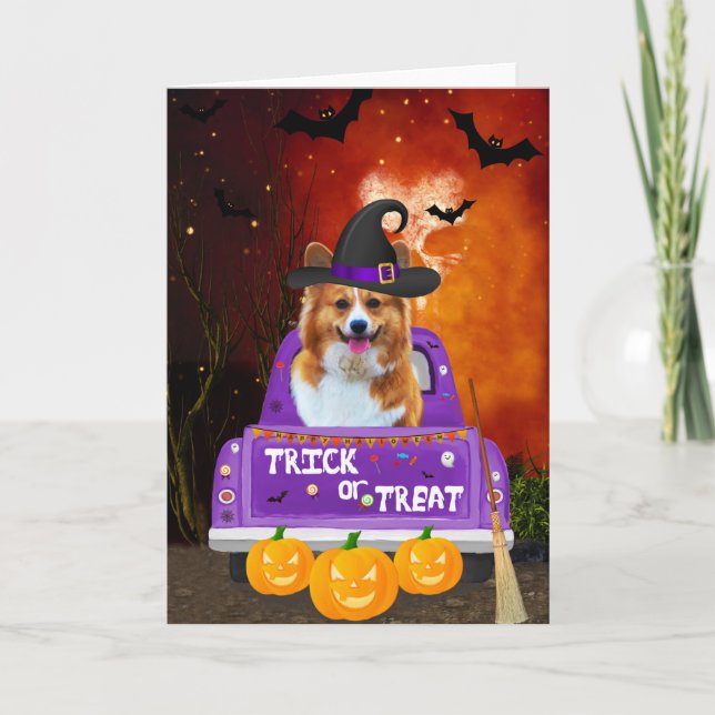 Cartão Cachorro Corgi em Caminhão de Halloween (Frente)