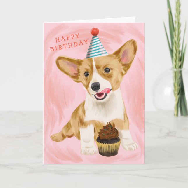 Cartão Cachorro Corgi Gelado com Aniversário do Cupcake (Frente)