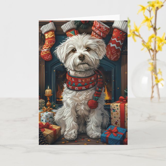 Cartão Cachorro Coton De Tulear Com Lareira De presentes  (Flor Amarela)