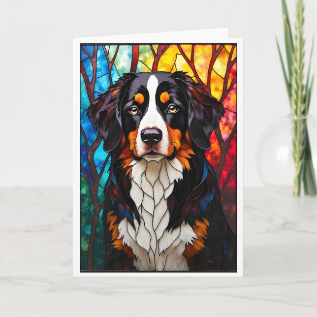 Cartão Cachorro da Montanha Bernesa em Estilo de Vitral (Frente)