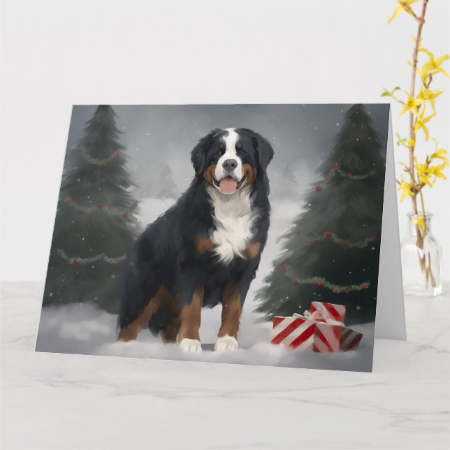 Cartão Cachorro da Montanha Bernese no Natal da Neve (Flor Amarela)