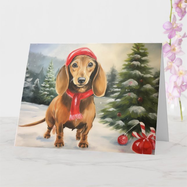 Cartão Cachorro Dachshund na Neve Natal  (Orquídea)