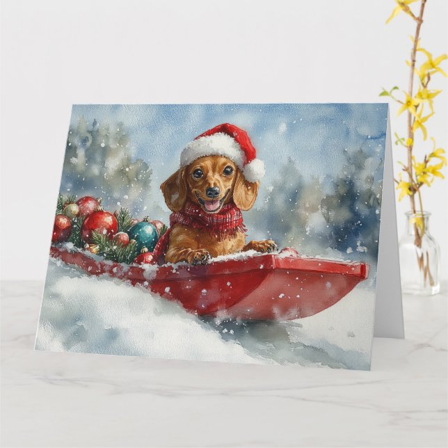 Cartão Cachorro Dachshund Sledge Deixe-o nevar no Natal (Flor Amarela)