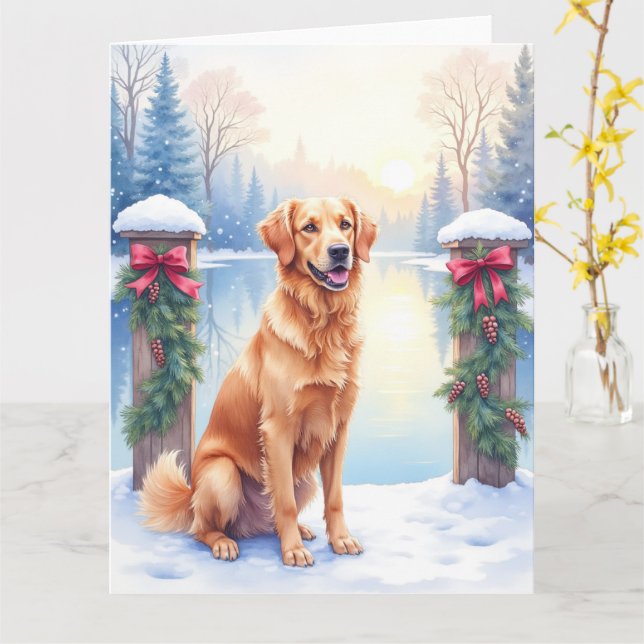 Cartão Cachorro de Água de Chesapeake no Natal de Inverno (Flor Amarela)