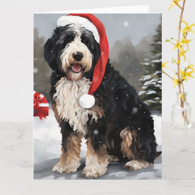 Cartão Cachorro de Bernedoodle no Natal da Neve (Flor Amarela)