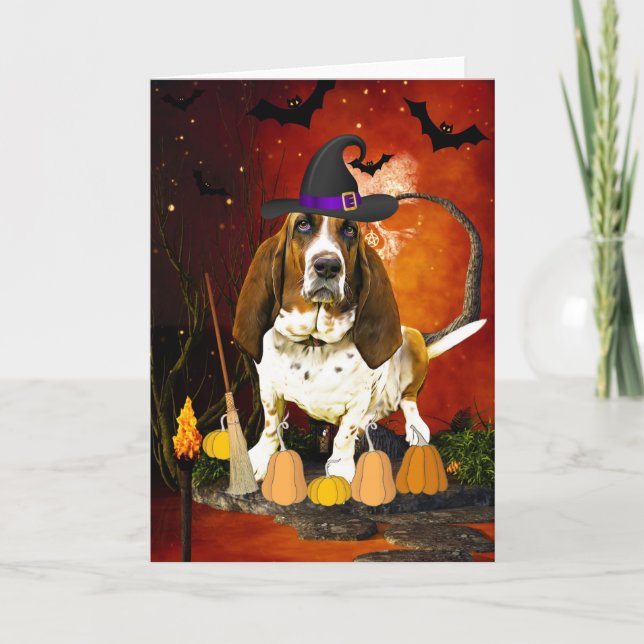Cartão Cachorro de Caça Basset na Figurina de Halloween (Frente)