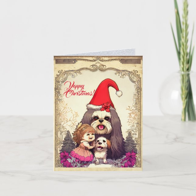 Cartão Cachorro De Lhasa Apsa Com Menininha De Xmas (Frente)