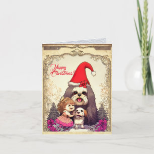 Cartão Cachorro De Lhasa Apsa Com Menininha De Xmas
