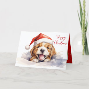 Cartão Cachorro de Natal Aquarela Com Chapéu