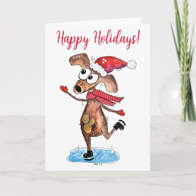 Cartão Cachorro de Natal Caprichoso de Patins no Gelo (Frente)