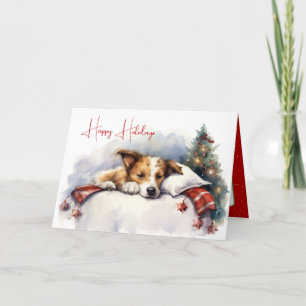Cartão Cachorro de Natal em Aquarela no Travesseiro