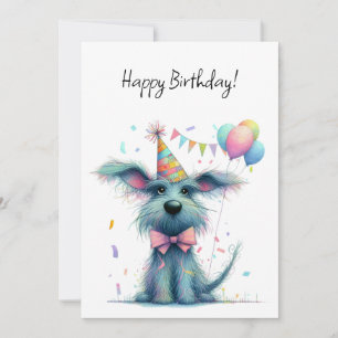 Cartão Cachorro Desgrenhado em um Chapéu de Aniversário B