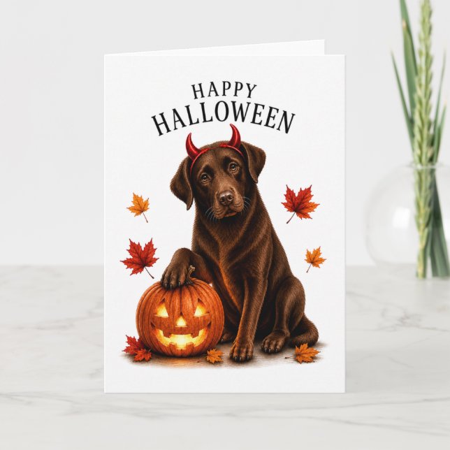 Cartão Cachorro Diabo de Halloween Labrador Chocolate (Frente)