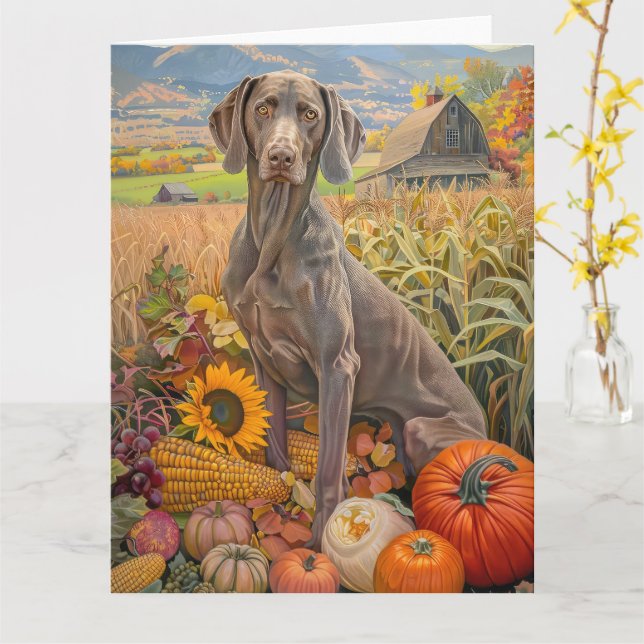 Cartão Cachorro do Weimaraner - Colheita de outono - Ação (Flor Amarela)