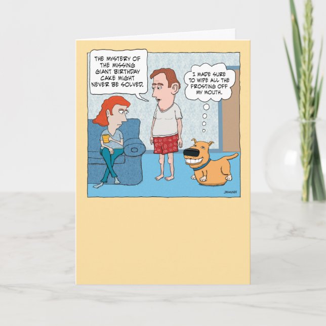 Cartão Cachorro Engraçado Come Bolo Gigante de Aniversári (Frente)