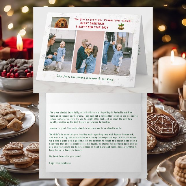Cartão Cachorro Engraçado Pawsitive 3 Fotos Moderna Minim (Cute Elegant Funny Pet Dog Pawsitive Vibes Merry Xmas Happy New Year 4 Photos Snowflakes Letter)