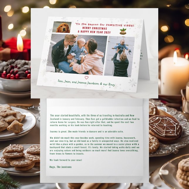 Cartão Cachorro Engraçado Pawsitive 3 Fotos Moderna Minim (Cute Elegant Funny Pet Dog Pawsitive Vibes Merry Xmas Happy New Year 3 Photos Snowflakes Letter)