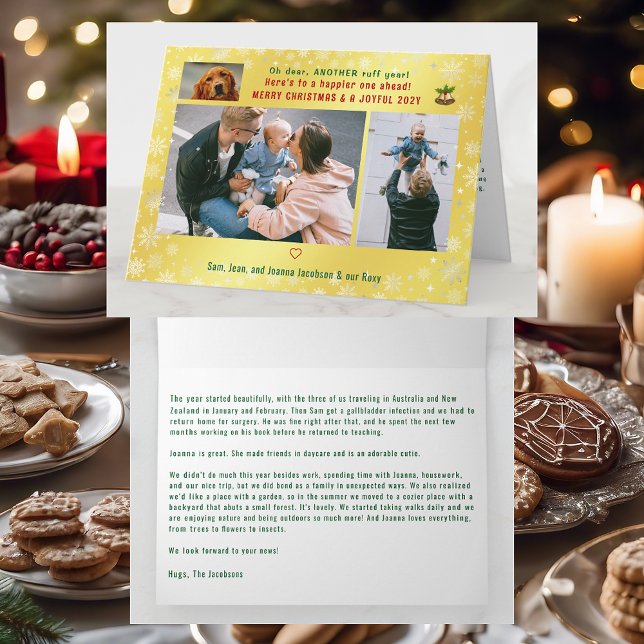 Cartão Cachorro Engraçado Ruff Ano 3 Fotos Feliz Ouro de  (Cute Funny Modern Oh Dear Ruff Year Dog Snow Merry Christmas Joyful New Year 3 Photos Letter Golden)