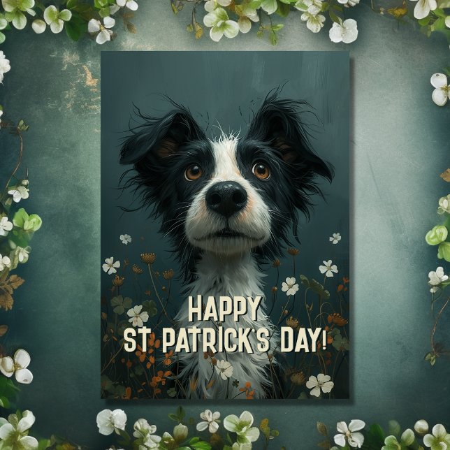 Cartão Cachorro escrufado e Dia de São Patrício de camarõ (Front - Cute Scruffy Dog and Shamrocks St Patrick's Day Card)