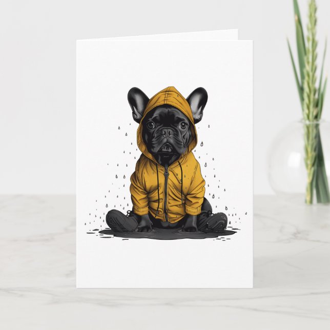Cartão Cachorro francês bonito Vestindo capa-de-chuva (Frente)