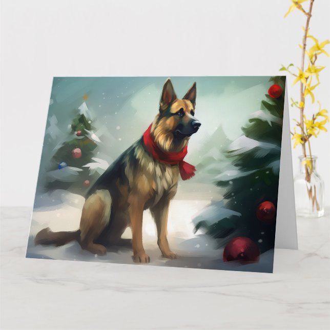 Cartão Cachorro german shepherd no Natal da Neve (Flor Amarela)