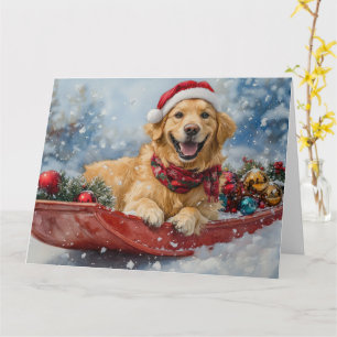 Cartão Cachorro Golden Retriever em Trenó de Neve Natal