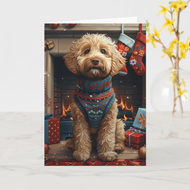 Cartão Cachorro Goldendoodle com Presentes de Natal Larei (Flor Amarela)