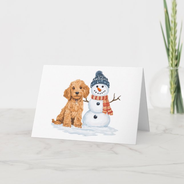 Cartão Cachorro Goldendoodle de Inverno Boneco de Neve Fo (Frente)