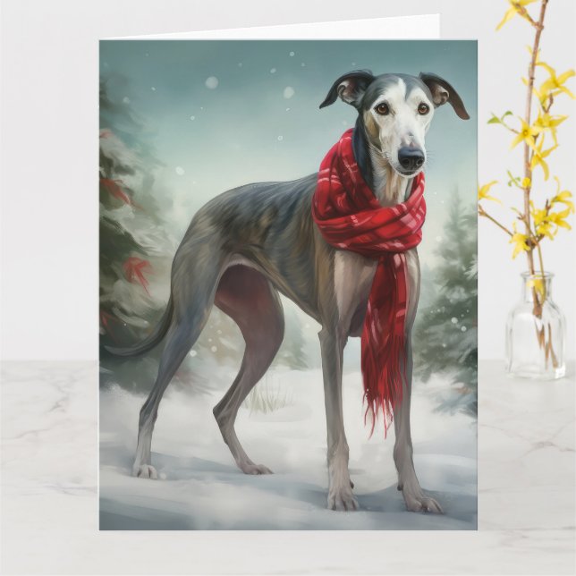 Cartão Cachorro Greyhound na Neve Natal (Flor Amarela)