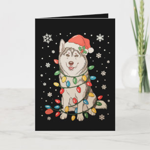 Cartão Cachorro Husky Chapéu de Papai Noel Luzes de Natal