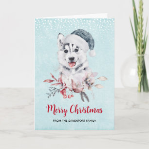 Cartão Cachorro Husky de Natal com um Chapéu de Papai Noe
