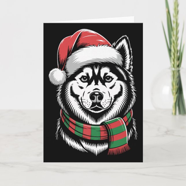 Cartão Cachorro Husky Siberiano de Natal Chapéu Cachecol  (Frente)