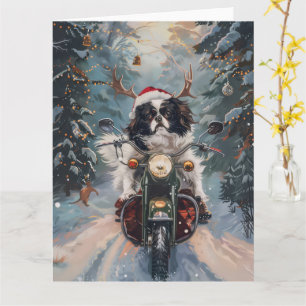 Cartão Cachorro Japonês Chin Pilotando Moto Natal