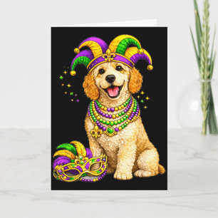 Cartão Cachorro Labradoodle Fofo com Tema de Mardi Gras 