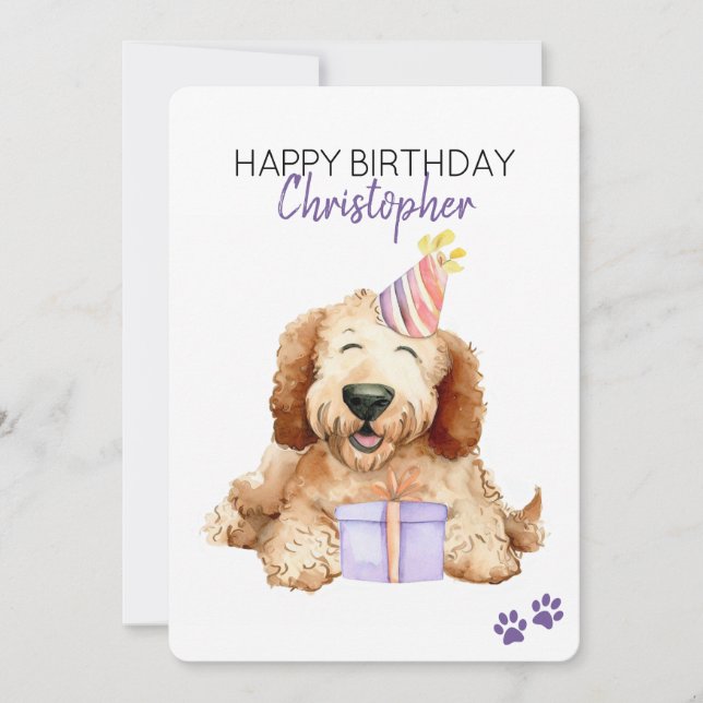 Cartão Cachorro Labradoodle Personalizado Feliz Aniversár (Frente)