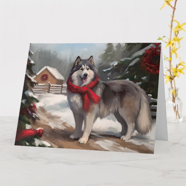 Cartão Cachorro Malamute do Alasca no Natal da Neve (Flor Amarela)