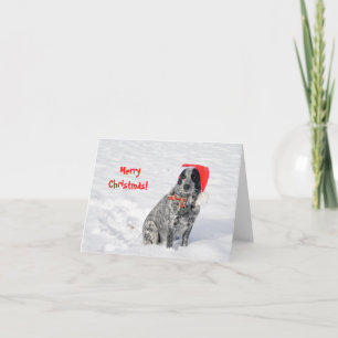 Cartão Cachorro na neve com chapéu de Papai Noel com Feli