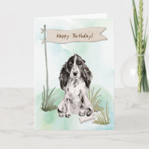 Cartão Cachorro Negro e Branco Espanhol sob Aniversário