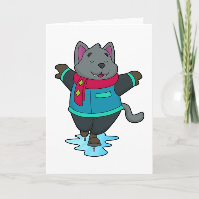 Cartão Cachorro no patinação no gelo com patins de gelo e (Frente)