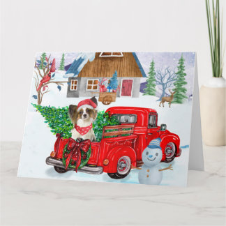 Cartão Cachorro Papillon em Caminhão de Entrega de Natal