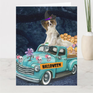 Cartão Cachorro Papillon no Caminhão de Halloween Noite A